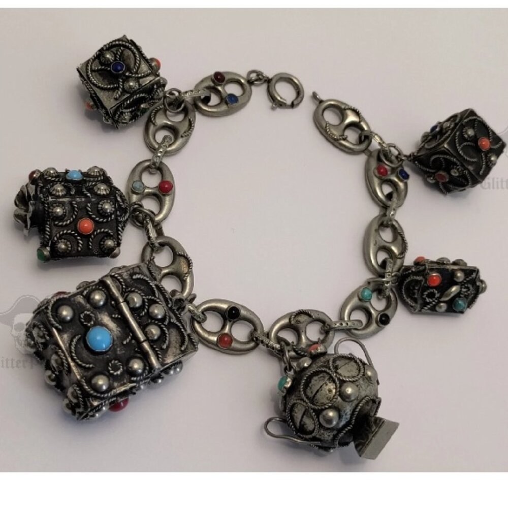 Vintage WWII Italian 800 Silver Etruscan Charm Bracelet | 6 Jeweled Fobs | 8.5"